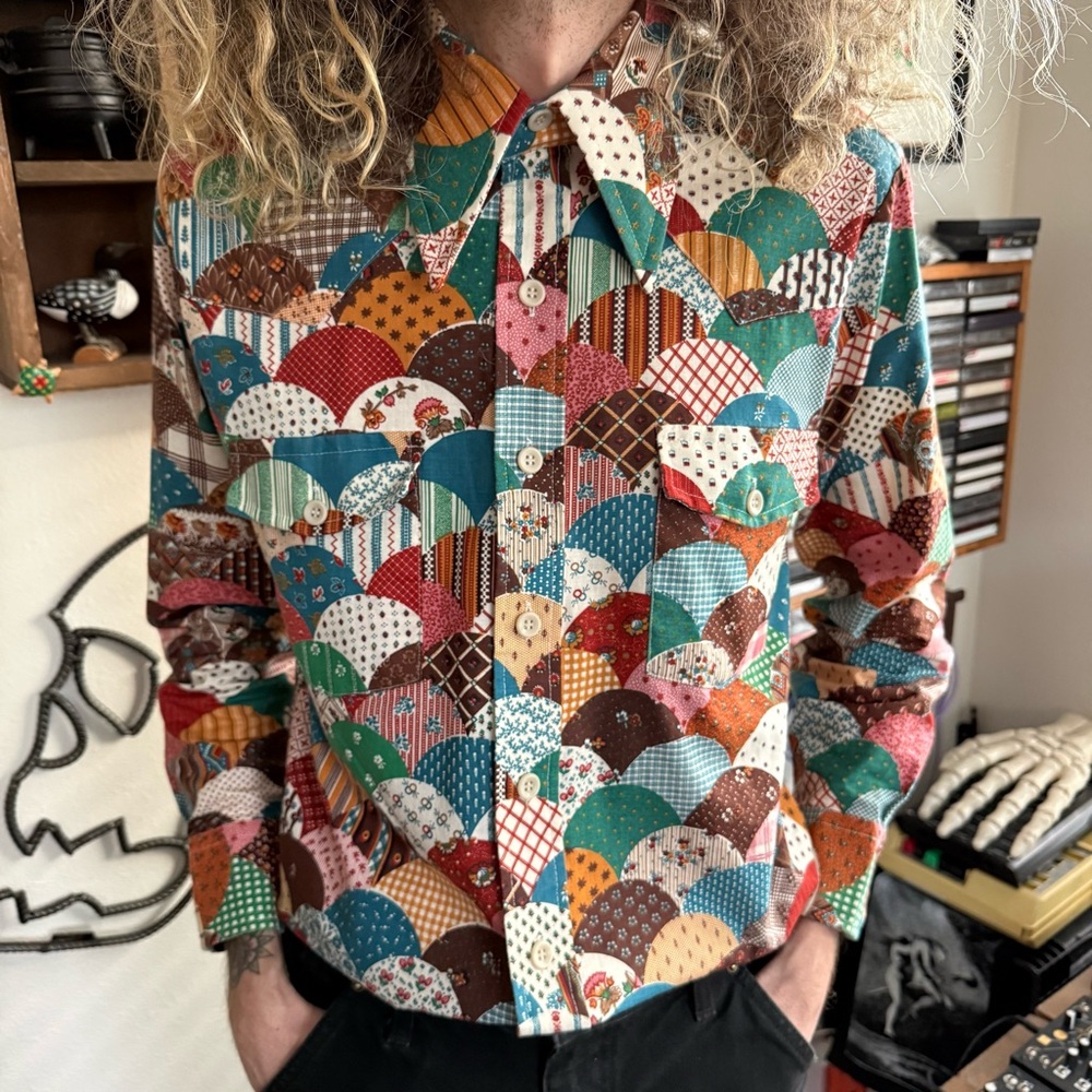 Vintage 70s Patchwork Dagger Collar Button Down W… - image 1
